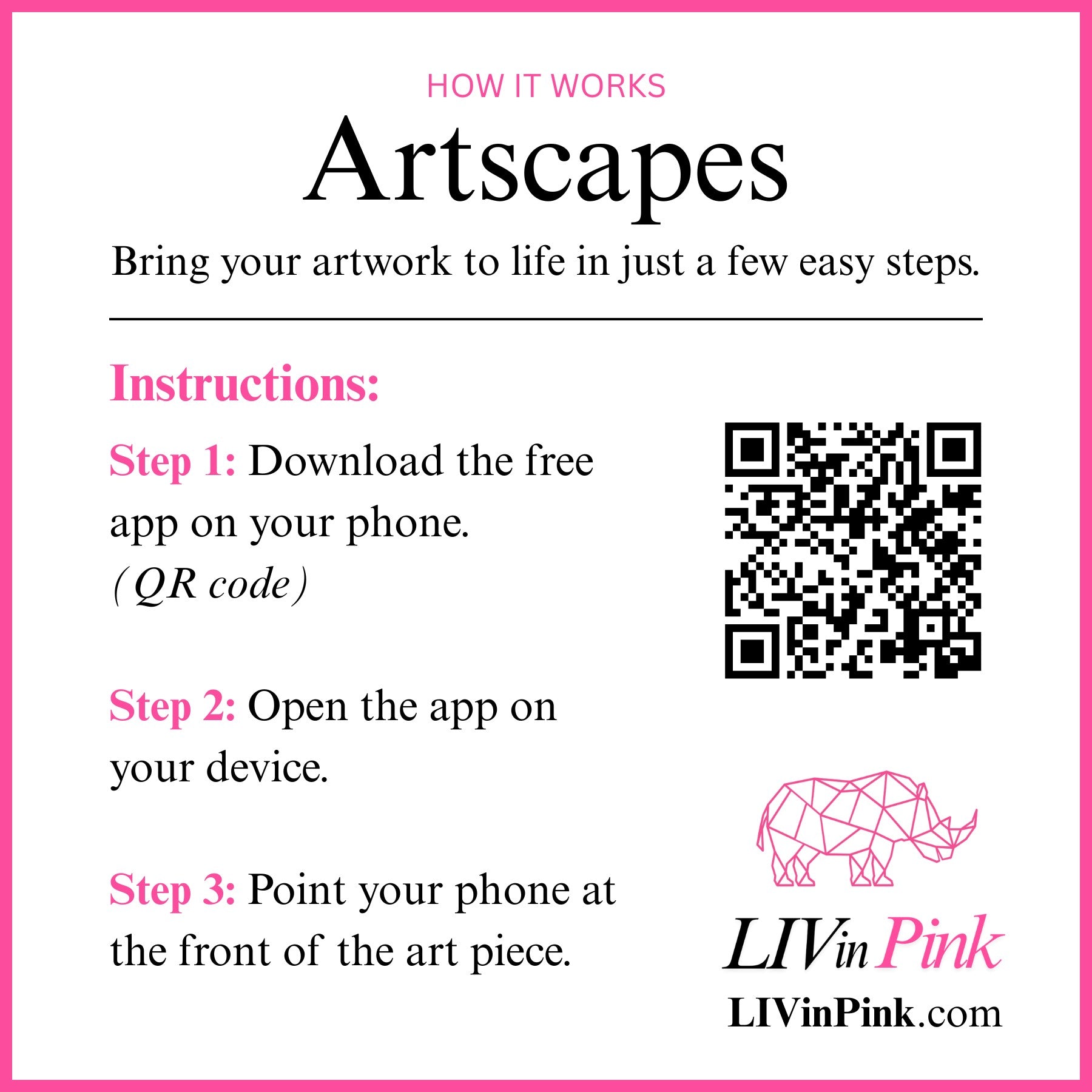 Instructions for using the Artscapes app with a QR code on a pink border.